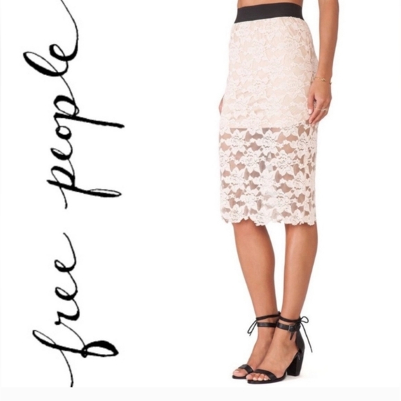 Free People Dresses & Skirts - Free People White & Black Lace PENCIL Skirt w Wide Exposed Waistband Size XS NWT